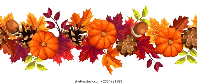 Seamless border with pumpkins, red and orange autumn leaves, pinecones, and acorns. Vector illustration