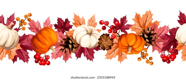 Seamless border with pumpkins, red, pink, and orange autumn leaves, pinecones, and rowanberries. Vector illustration