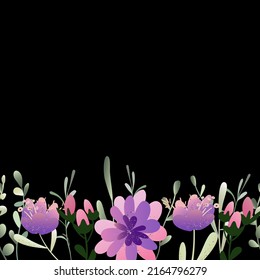 Seamless border of purple tulips, crocuses and pink gerberas, buds on a black background with space for text. Use to decorate greeting cards, invitations, etc.