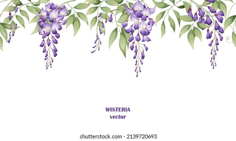 Seamless border of purple wisteria flowers and green leaves on a white background. Background design. design of posters, postcards. Vector illustration svg