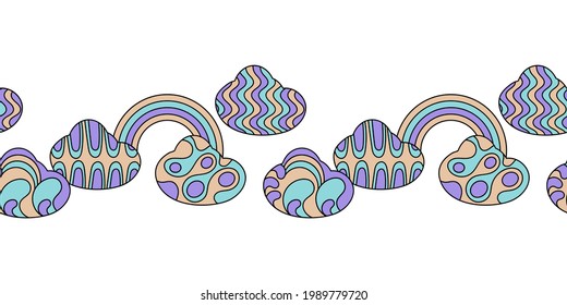 Seamless border rainbow and clouds pattern. Hand drawn vector illustration.