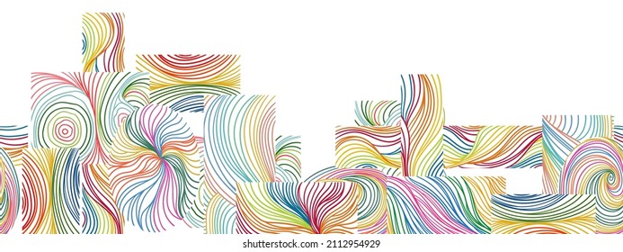Seamless border with rainbow lines design elements different shapes. Design for wallpaper, backdrop, fabric, banner, poster. Vector illustration 
