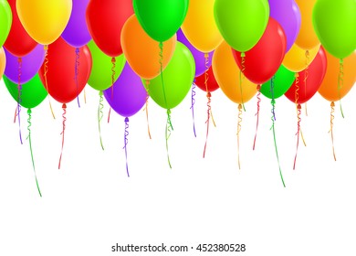 Seamless border of realistic colorful balloons (green, yellow, orange, red, violet). Isolated from background. File contains clipping mask and gradient mesh.