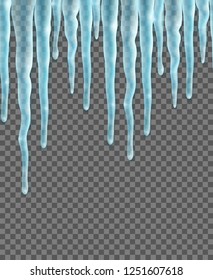 Seamless border with realistic icicles over transparent background. Design template for merry christmas. Vector illustration.