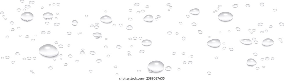 Seamless border of realistic vector water drops isolated on a transparent background. Stunning illustration of droplets from rain, shower, dew, or condensation on glass surfaces. 