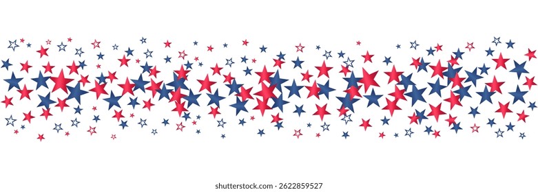 Seamless border red and blue stars in USA flag colors isolated on transparent background. 4th of July, American independence day stars banner