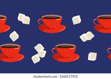 Seamless border of red coffee cups with white sugar cubes on a dark blue background. Vector illustration of food and drink.