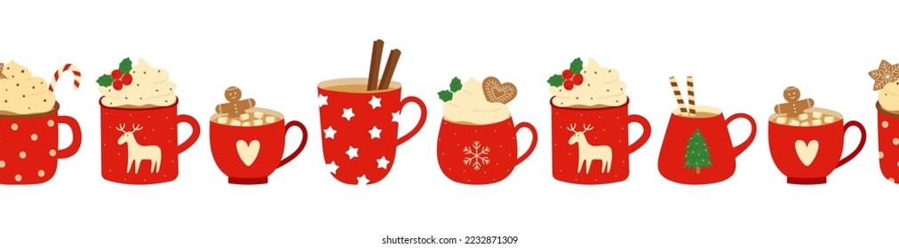 Seamless border with red cups, whipped cream, cinnamon sticks and gingerbread cookies. Background for cozy winter design.