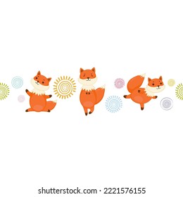 Seamless border with сute red fox doing yoga exercises. Kids print background.