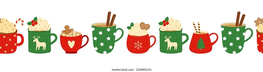 Seamless border with red and green cups, whipped cream, cinnamon sticks and gingerbread cookies. Background for cozy winter design.