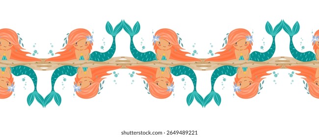Seamless border with red haired mermaids in the center