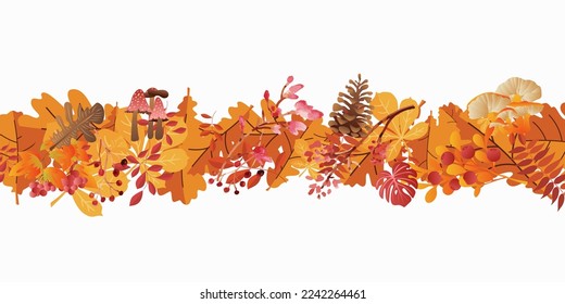 Seamless border with red, orange, brown, and green autumn leaves, pumpkins, and pine cones. Vector illustration