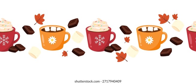 Seamless border with red and orange cups, whipped cream and marshmallow. Can be used for cozy winter design background
