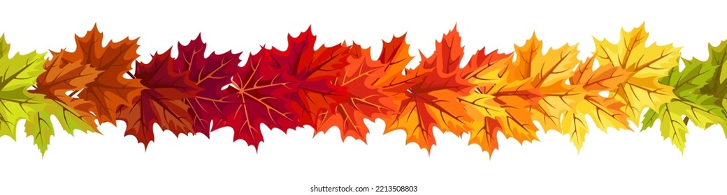 Seamless border with red, orange, yellow, green, brown, and purple autumn maple leaves. Vector illustration