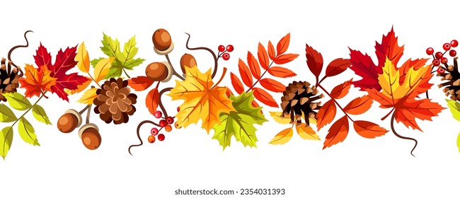 Seamless border with red, orange, yellow, and green autumn leaves, acorns, rowan berries, and pine cones. Vector illustration