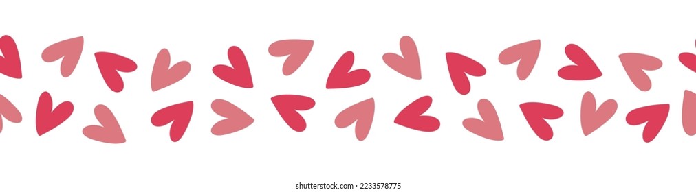 Seamless border with red and pink hearts. Hand drawn doodle style. Vector illustration