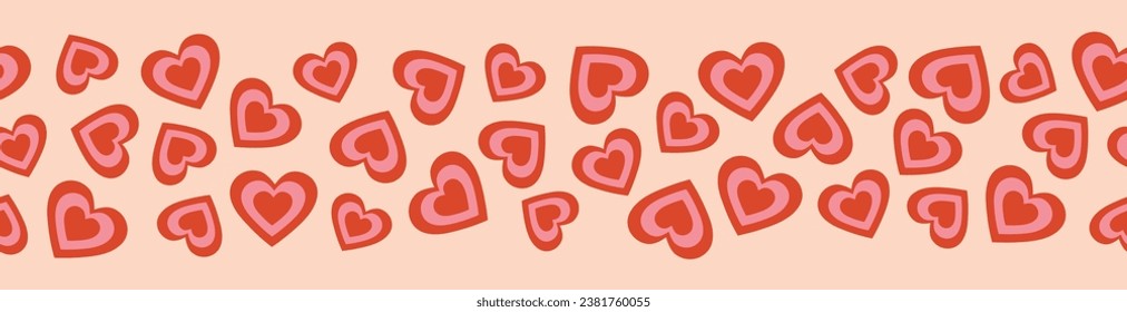 Seamless border of red and pink hearts. Cartoon elements in trendy retro style on pink background. Vector illustration