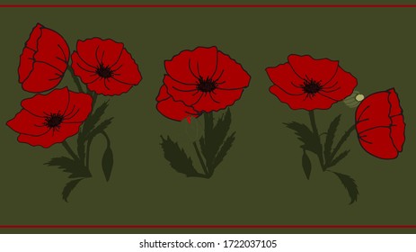 Seamless border with red poppy flowers on a green background.