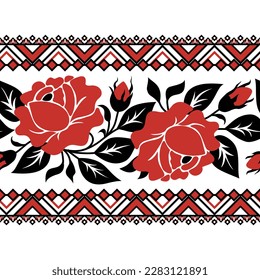 Seamless Border with Red Rose Inspired by Ukrainian Traditional Embroidery. Ethnic Floral Motif, Handmade Craft Art. Ethnic Design Element. Vector Illustration 
