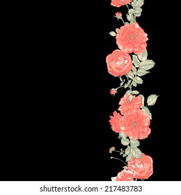  Seamless Border of red roses on dark background.  Vector floral greeting card with blossom roses