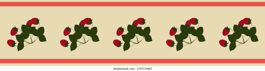 Nahtlose Grenze mit roten Erdbeeren und grünen Blättern auf beigem Hintergrund mit rosa Streifen.