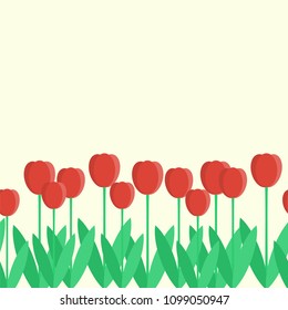 Seamless border with red tulips. Vector illustration in flat style