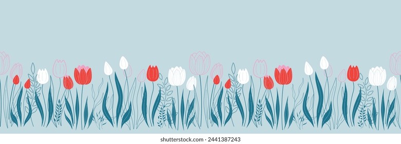 Seamless border with red and white tulips and vines. Cute endless frame for banner, easter decoration, background, wallpaper, fabric or other design. Vector illustration. Not AI created.
