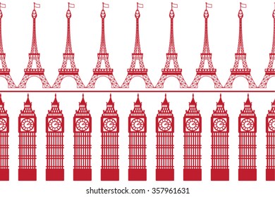 Seamless border redwork London and Paris. Paper cut style
