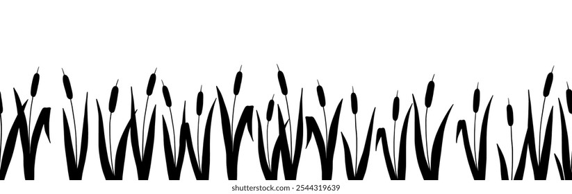 Seamless border with reed plant, line wetland cattail, lake grass, hand drawn silhouette