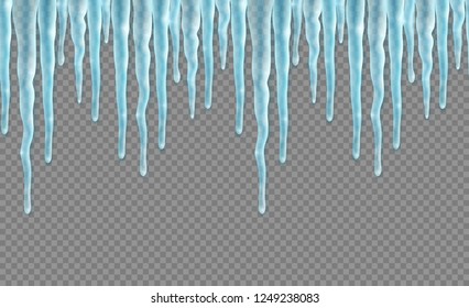 Seamless border with relistic icicles over transparent background. Design template for merry christmas. Vector illustration.