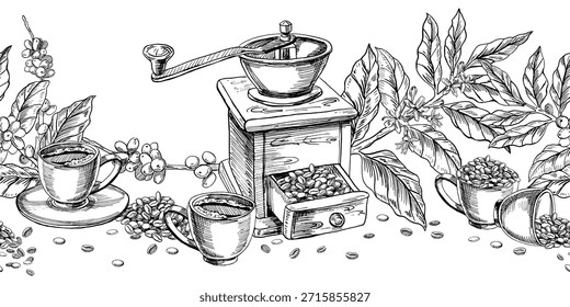 Borde sin fisuras con un molinillo de café retro, ramas y tazas de café. Ilustración vectorial para el diseño de cafeterías, menús, embalaje, diseño de interiores e impresión de telas.