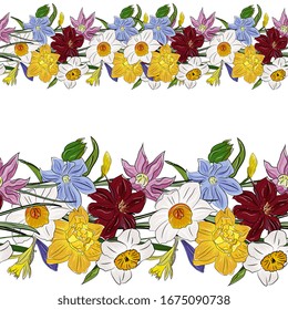 Seamless border, ribbon with a bouquet of daffodils. White and yellow spring flowers isolated. Hand drawing, botanical vector illustration.