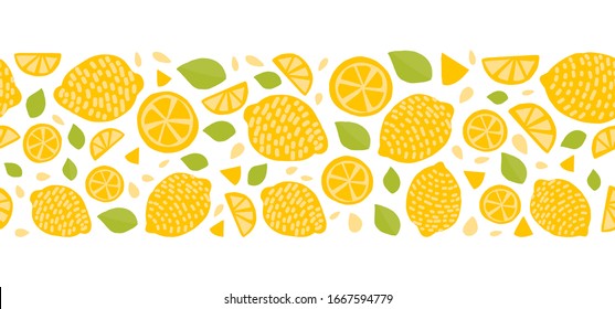 Seamless border ribbon with lemons, citruses, leaves, botanical flat style hand drawn. Design for duct tape, adhesive tape, wallpaper, textile, dyeing. Yellow with green colors on a white background