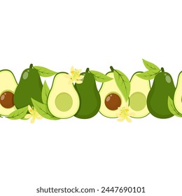 Seamless border of ripe avocados, leaves and flowers