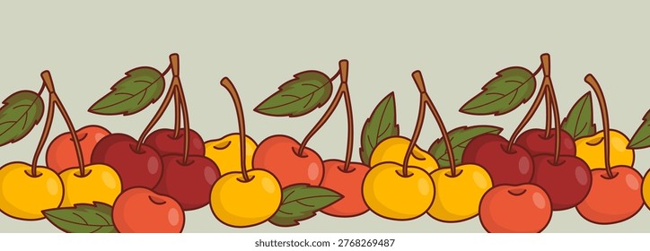 Seamless Border with Ripe Mix of Red and Yellow Cherries and Green Leaves. Botanical Horizontal Background. Fruit Variety Ribbon. Natural Summer Harvest Design. Vector Illustration. Washi Tape Design