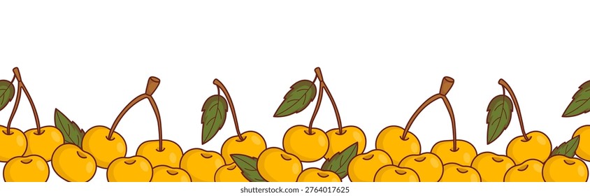 Seamless Border with Ripe Yellow Cherries and Green Leaves. Botanical Horizontal Background. Unique Fruit Variety Washi Tape Design. Natural Kitchen Ribbon. Vector Illustration. Website Header