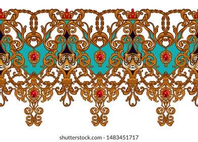 Seamless border in rococo style with tiger ,golden scrolls and rubies