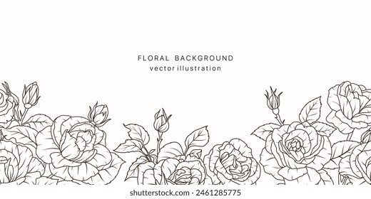 Seamless border with rose flower line art background. Floral plant leaf frame design card. Summer vintage bouquet luxury pattern. Vector illustration nature spring wedging card