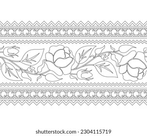 Nahtlose Grenze mit Rose Inspiriert von der traditionellen ukrainischen Stickerei. Ethnische Blumenmotive, handgemachte Kunsthandwerkskunst. Ethnische Design-Elemente. Färben der Buchseite. Vektorgrafik
