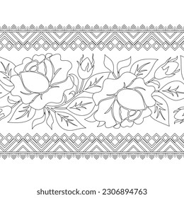 Seamless Border with Rose Inspired by Ukrainian Traditional Embroidery. Ethnic Floral Motif, Handmade Craft Art. Ethnic Design Element. Coloring Book Page. Vector Contour Illustration