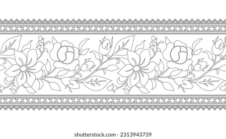 Seamless Border with Rose and Mallow Composition Inspired by Ukrainian Traditional Embroidery. Ethnic Floral Motif, Handmade Craft Art. Ethnic Design. Coloring Book Page. Vector Contour Illustration