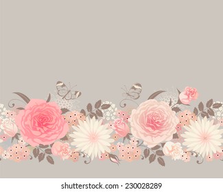 Seamless border with roses and butterflies. Vector flora background.