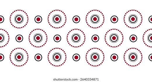 Seamless border of round elements. Ornament of repeating circles and dots. Red, black circular motifs on white background. Traditional geometry ethnic ornament for holiday decor.