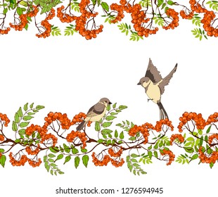 Seamless border with rowan and birds. Hand drawing. Isolated on white background, template with rowan for invitation cards. Vector eps10