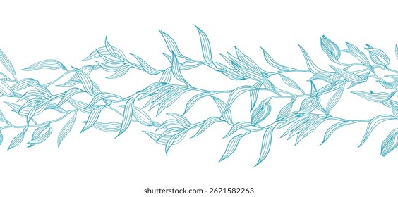 Seamless border of rows of blue contouring seaweeds. Vector graphic style in ink.Marine theme for posters, aquariums, prints, cards, fabric, decoration of restaurants.