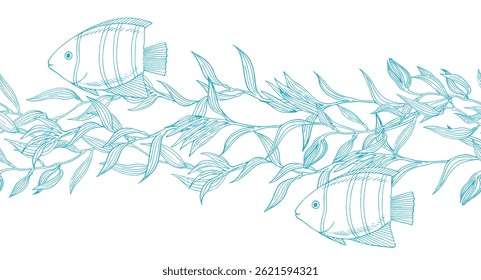 Seamless border of rows of blue contouring seaweeds and fishes. Vector graphic style in ink. Marine theme for posters, aquariums, prints, cards, fabric, decoration of restaurants.