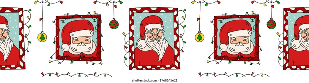 Seamless border with Santa Clauses portrets and Christmas decoration. Funny winter holiday nikolaus characters doodle vector illustration. Good for packing tape, xmas banners, wrapping paper. 