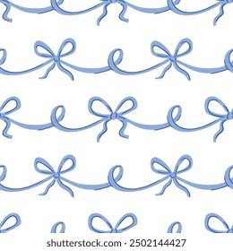 Seamless border of satin bows. Repeated pattern made of blue silk ribbons. Decor for birthdays, weddings, Valentine's day. Decoration in vintage elegance style on a white background.