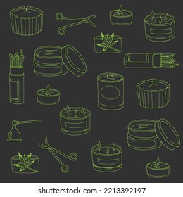 Seamless border. Scented candles, aromatherapy. Hand drawn doodle style on color background, vector illustration.