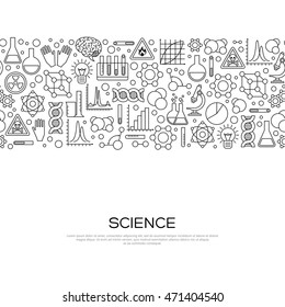 Seamless Border with Science Black Line Icons in Modern Style. Vector Illustration. Scientific Research Banner with Chemical Experiment Tools. 